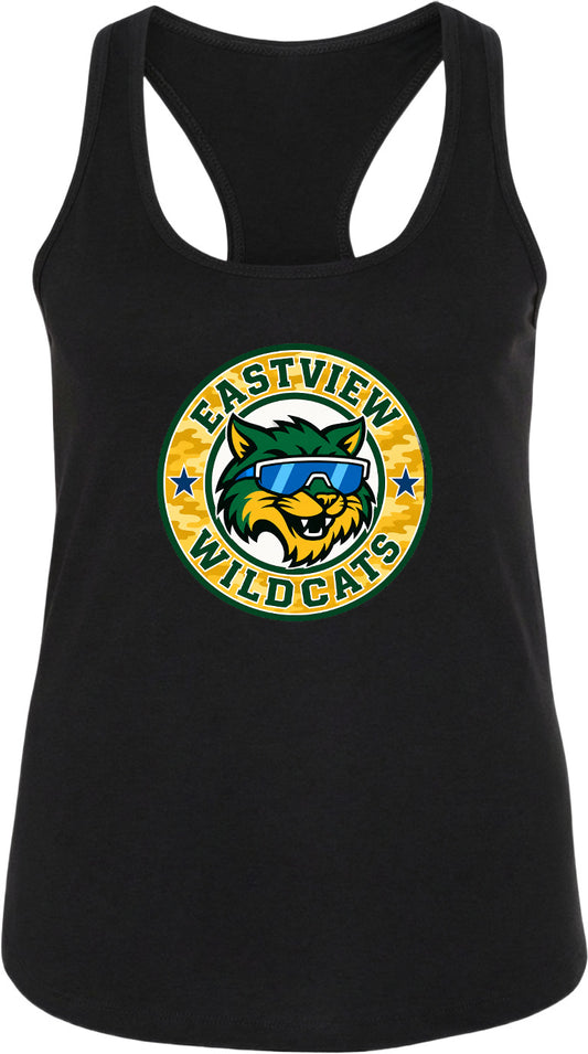 A black tank top with a graphic design featuring a cat wearing sunglasses and the text "EASTVIEW WILDCATS".