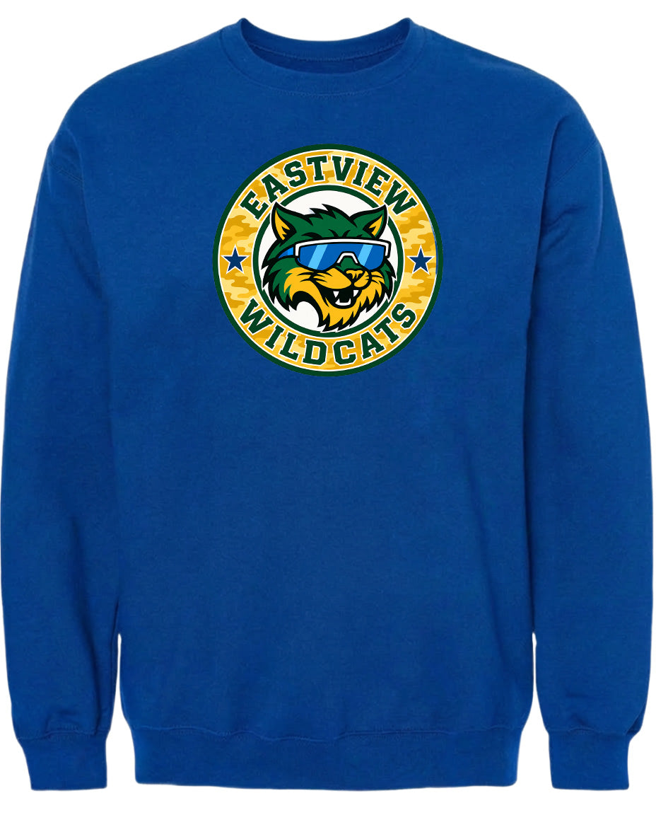A blue sweatshirt with a logo featuring a cartoon cat wearing sunglasses.