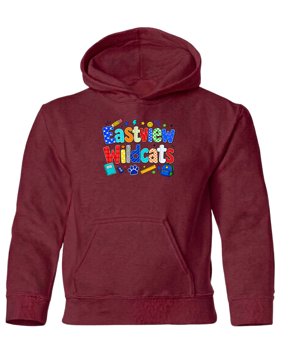 A burgundy-colored hoodie with a colorful graphic design on the front, featuring the text "Eastview Wildcats" and various school-related icons.