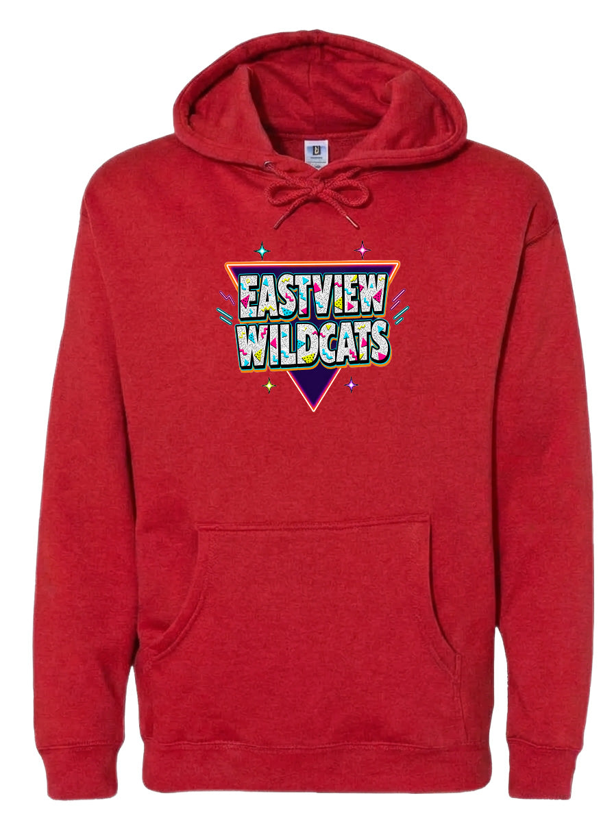 A red hoodie with a graphic design featuring the text "EASTVIEW WILDCATS" in a colorful, retro-style font.