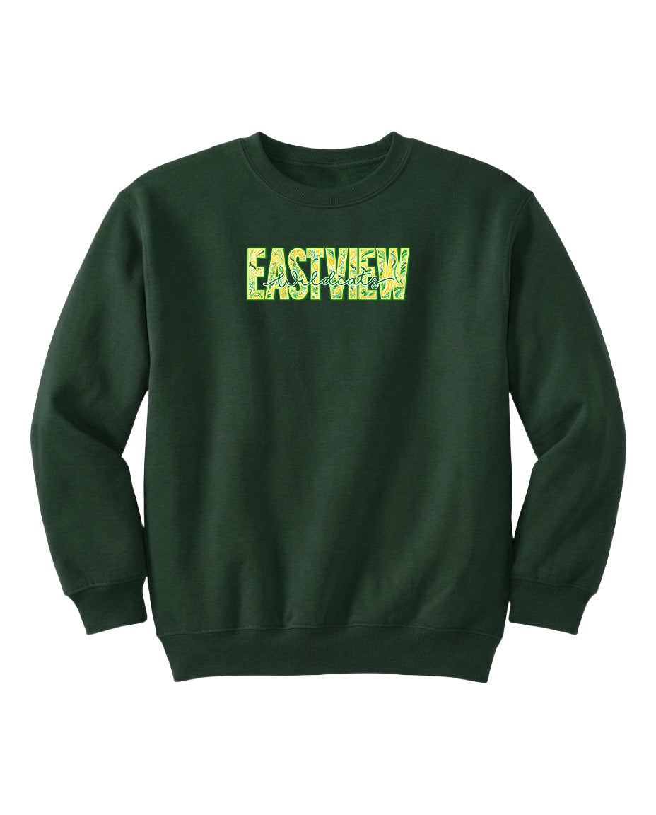 A dark green sweatshirt with the word "EASTVIEW" printed in yellow letters across the chest.