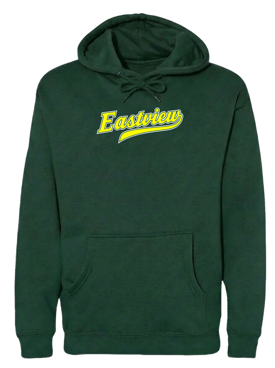 A dark green hoodie with a yellow logo on the front.