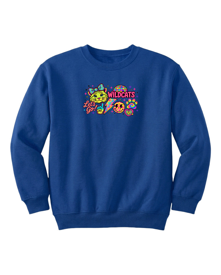 A blue sweatshirt with a colorful graphic design featuring a smiling face, a cat, and the text "Wildcats" and "Let's Go!"