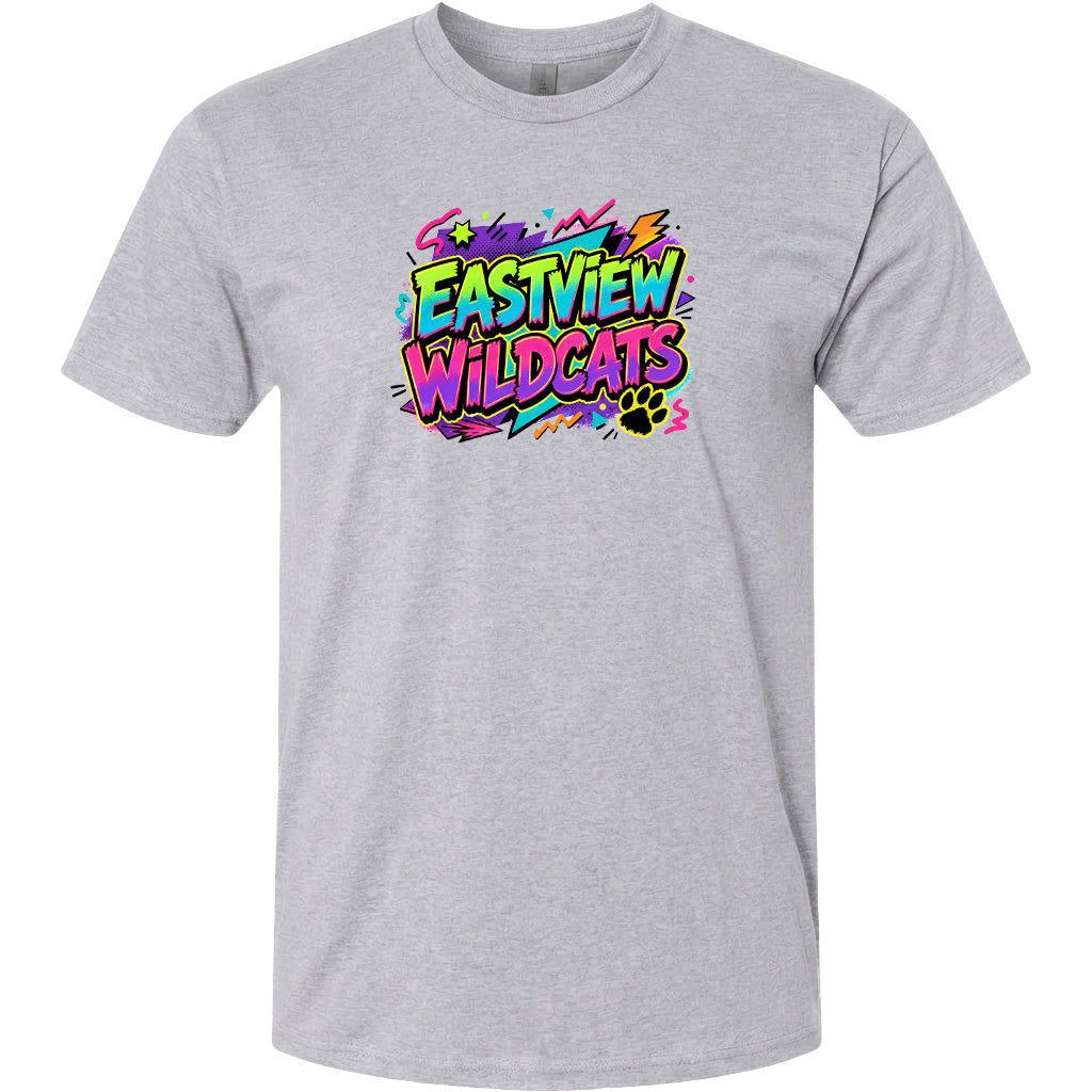 A gray t-shirt with a colorful graphic design featuring the text "EASTVIEW WILDCATS" in a vibrant, graffiti-style font.
