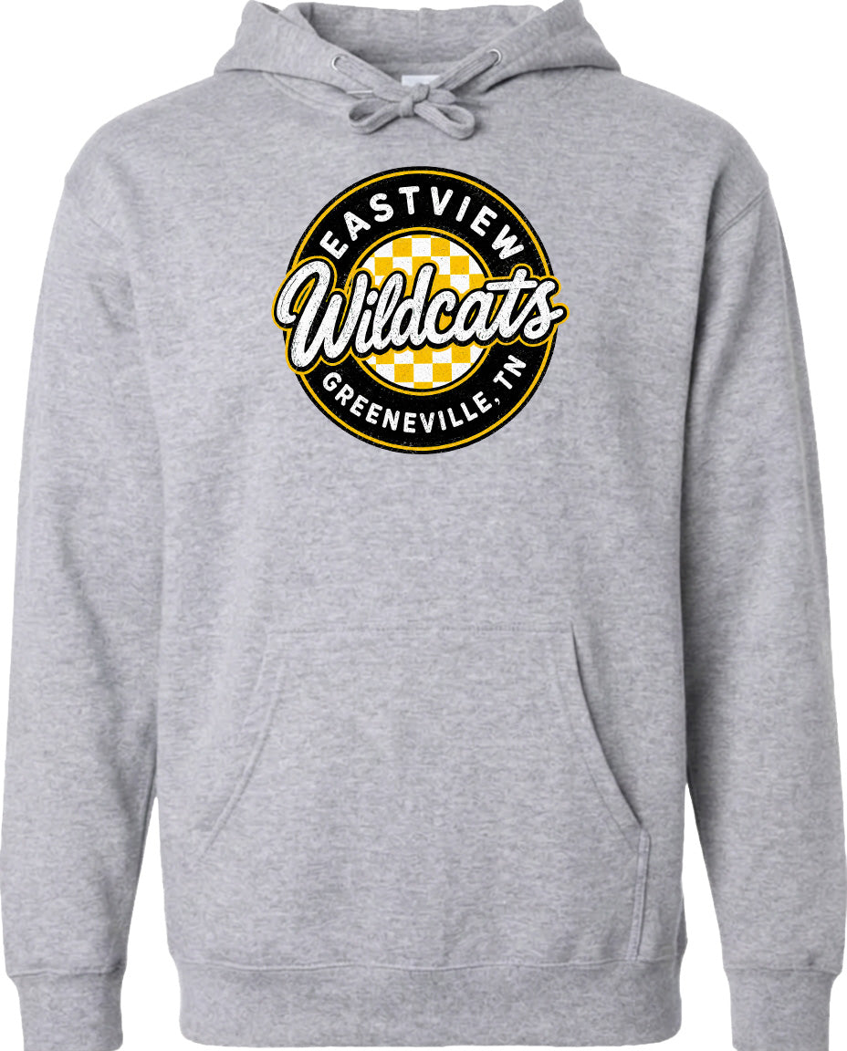 A gray hoodie with a circular logo that says "Eastview Wildcats Greeneville, TN".