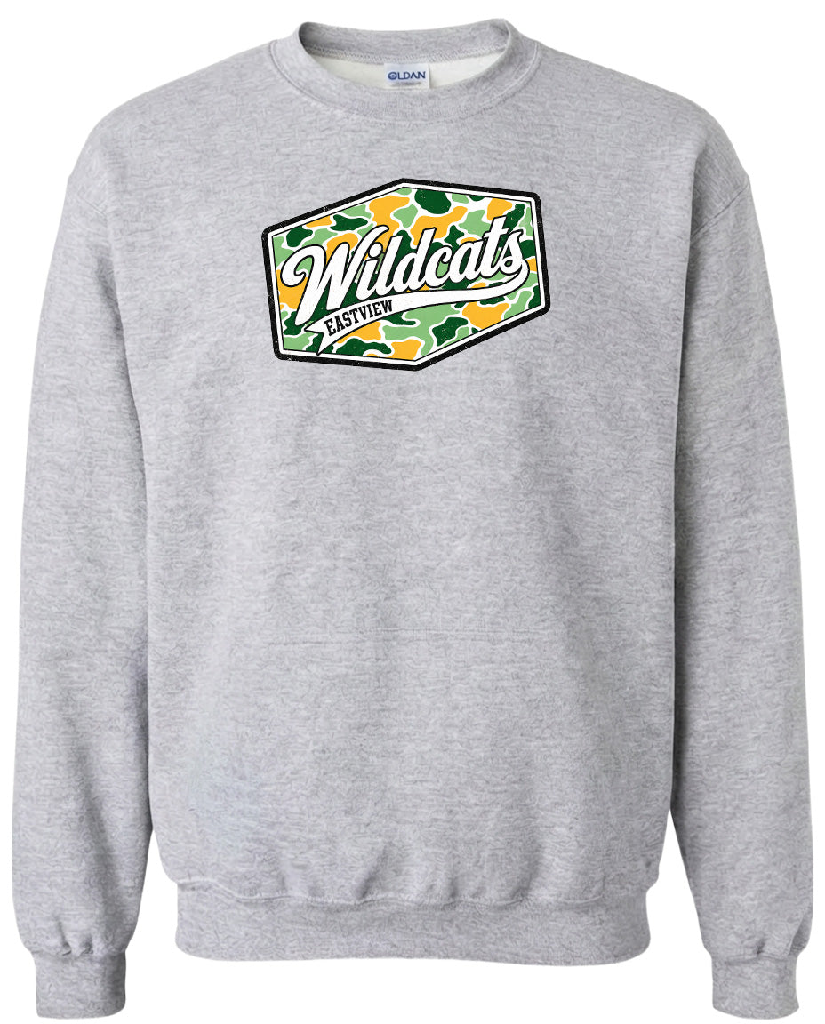 A gray sweatshirt with a graphic design featuring the word "Wildcats" in a stylized font, surrounded by a camouflage pattern.