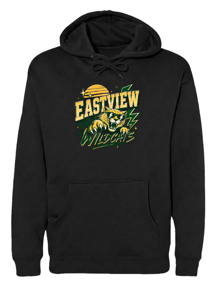 A black hoodie with a graphic design featuring a panther and the text "EASTVIEW WILDCATS" printed on it.