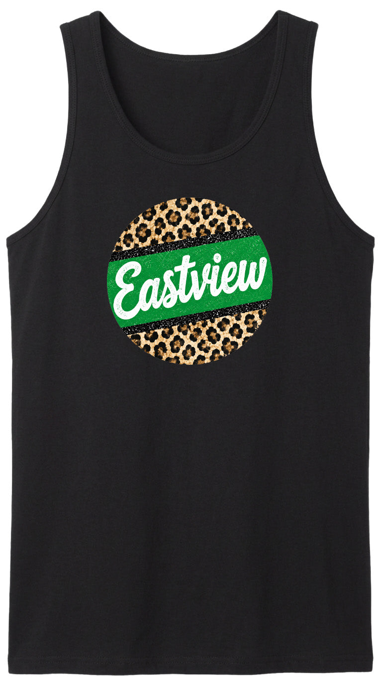 A black tank top with a green and leopard print circular logo on it.