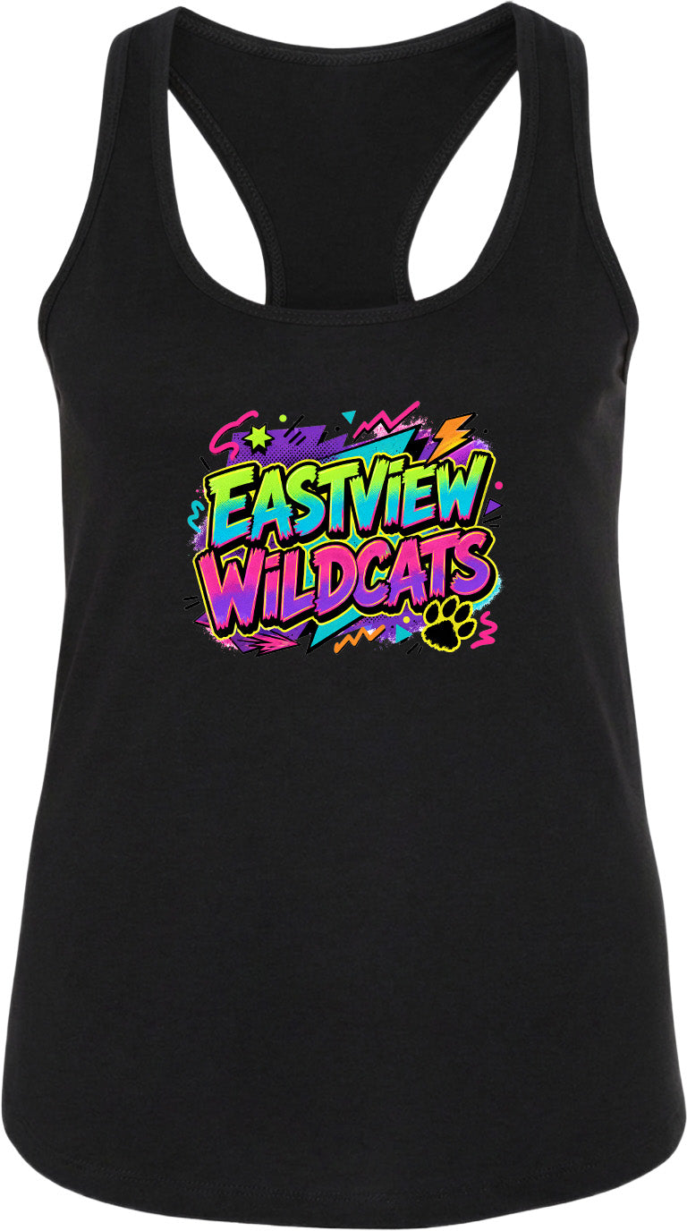 A black tank top with a colorful graphic design featuring the text "EASTVIEW WILDCATS" and a paw print.