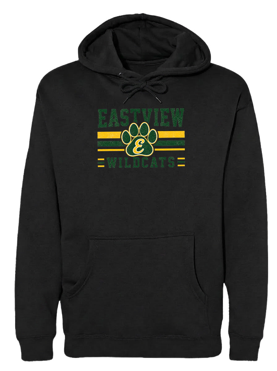 A black hoodie with a graphic design featuring a paw print and the text "EASTVIEW WILDCATS" printed on it.