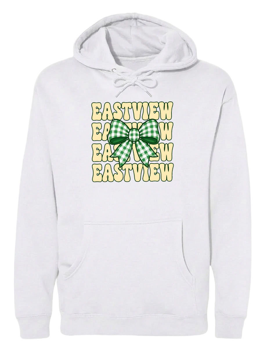 A white hoodie with a graphic design featuring a green and white checkered bow on the front.