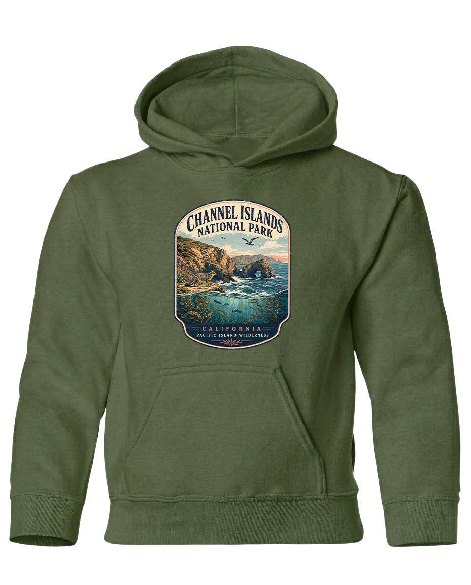 A green hoodie with a graphic design depicting a scenic landscape, including a rocky coastline, ocean, and mountains, along with the text "Channel Islands National Park" and "California, Pacific High Desert".