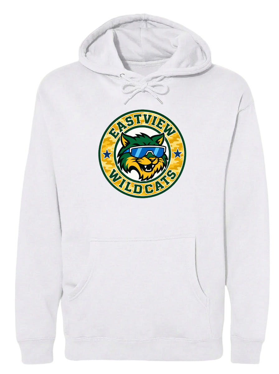 A white hoodie with a graphic design featuring a cat wearing sunglasses and the text "EASTVIEW WILDCATS" printed on it.