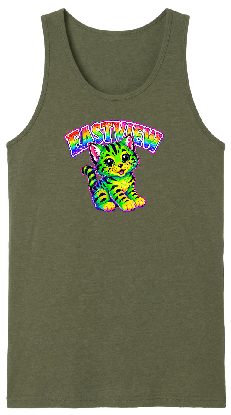 A green tank top with a colorful graphic of a cat and the text "EASTVIEW" printed on it.