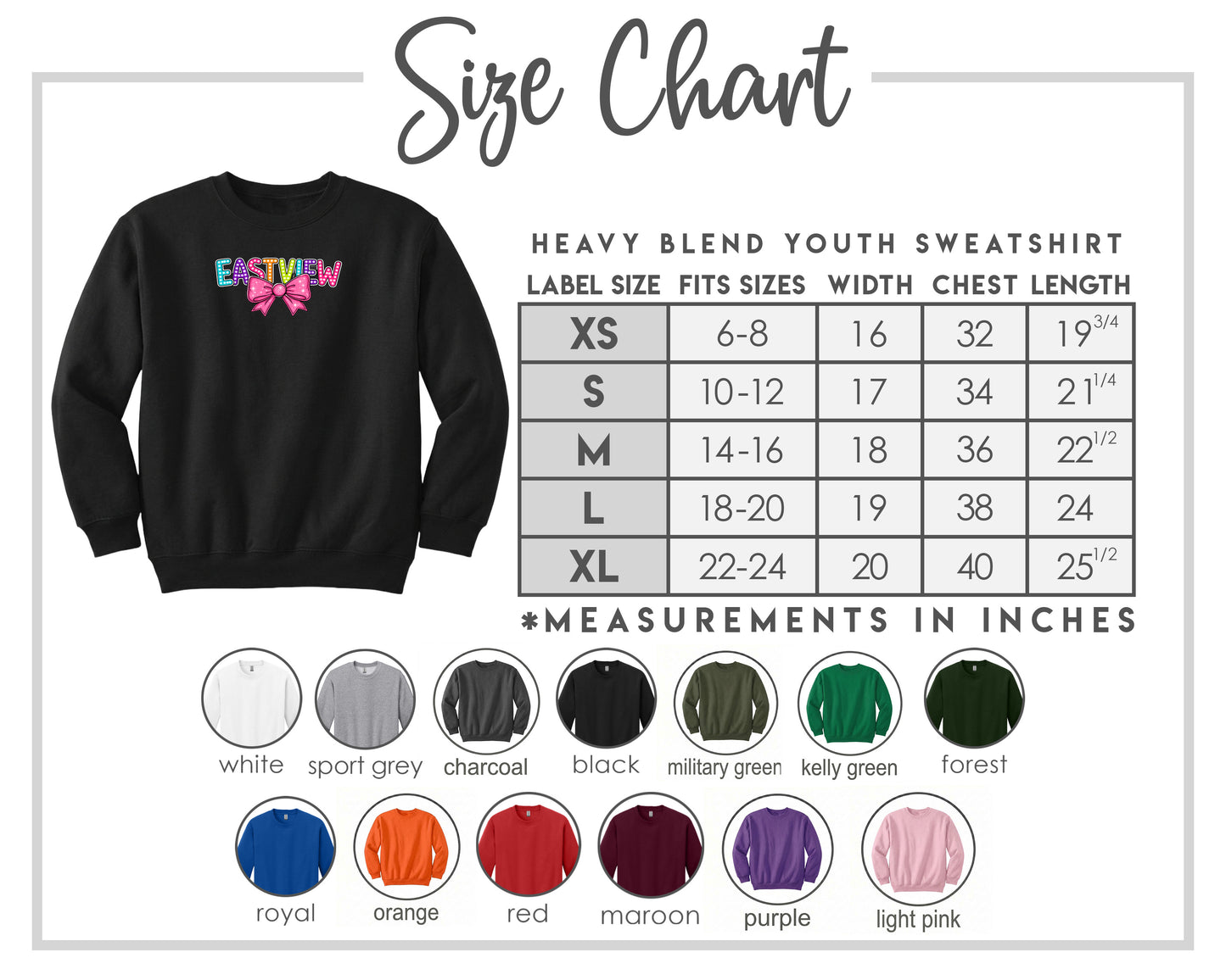 The image is a size chart for a heavy blend youth sweatshirt, including various color options and corresponding measurements in inches.