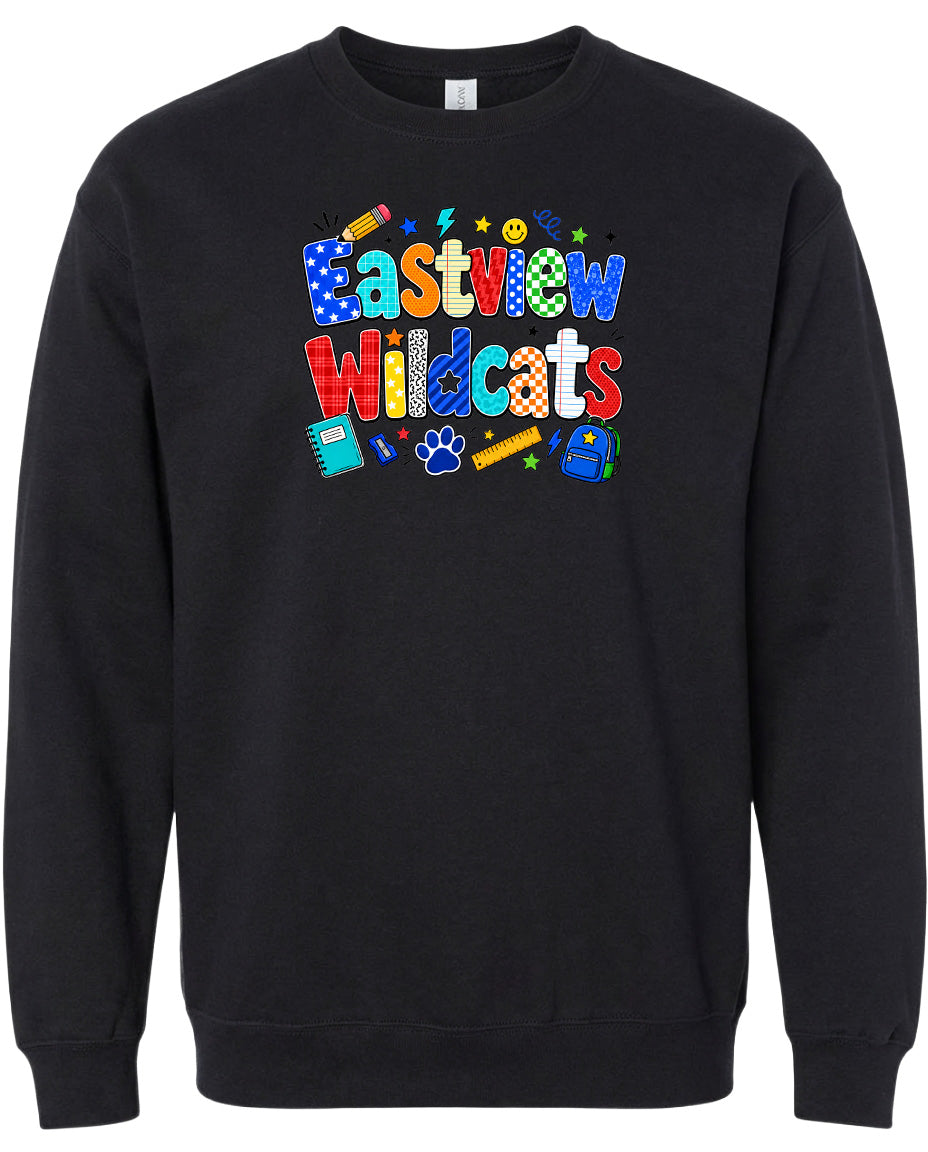 A black sweatshirt with a colorful graphic design featuring the text "Eastview Wildcats" and various school-related icons such as a pencil, backpack, and calculator.