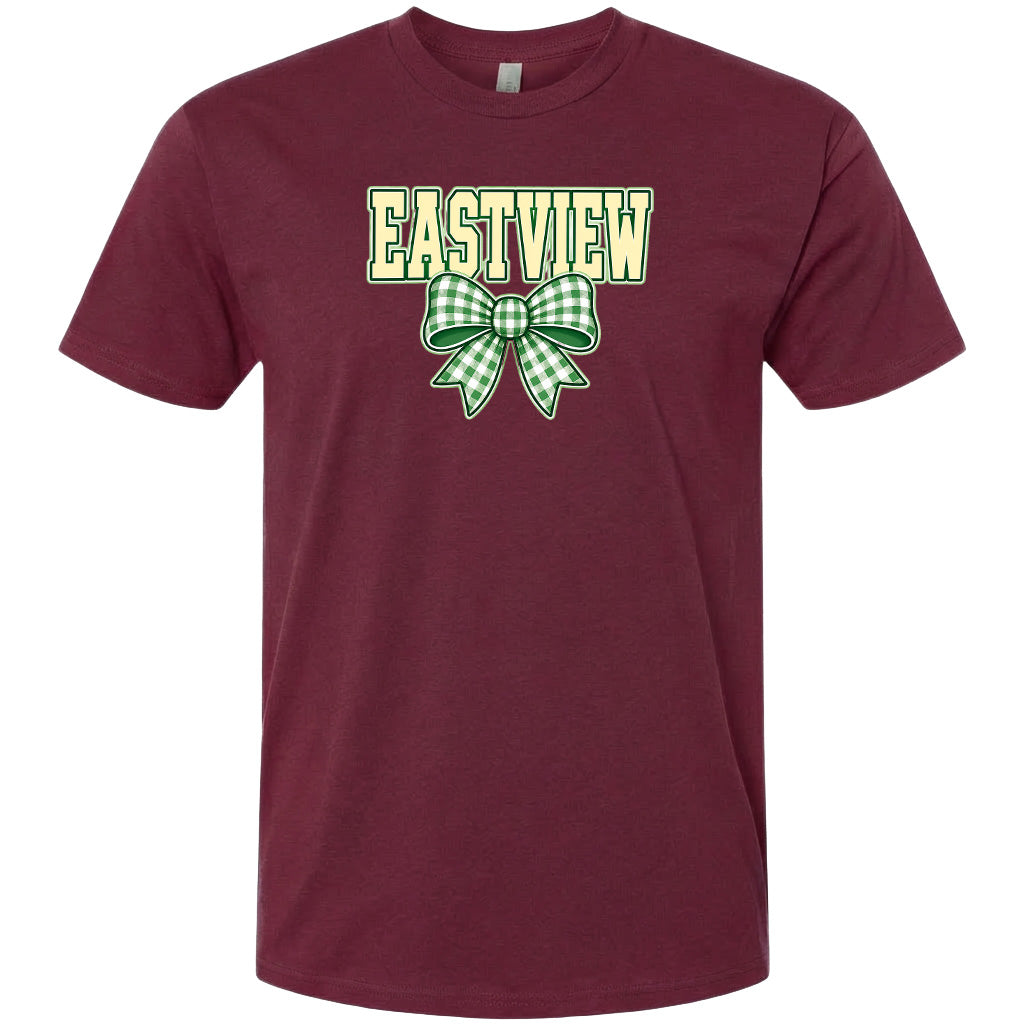 A burgundy-colored t-shirt with a green and white bow and the word "EASTVIEW" printed on it.