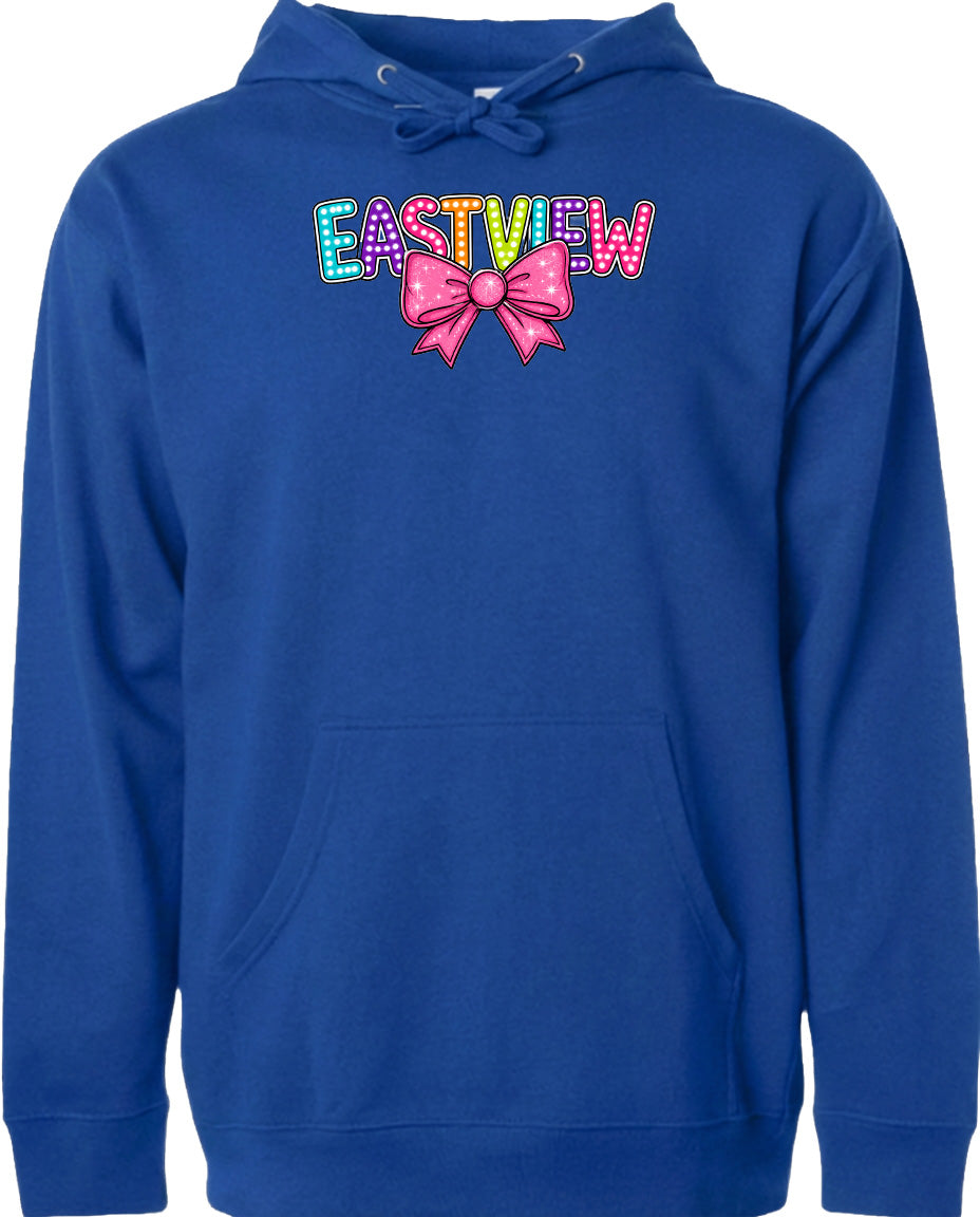 A blue hoodie with the word 'EASTVIEW' printed on it, along with a bow graphic.