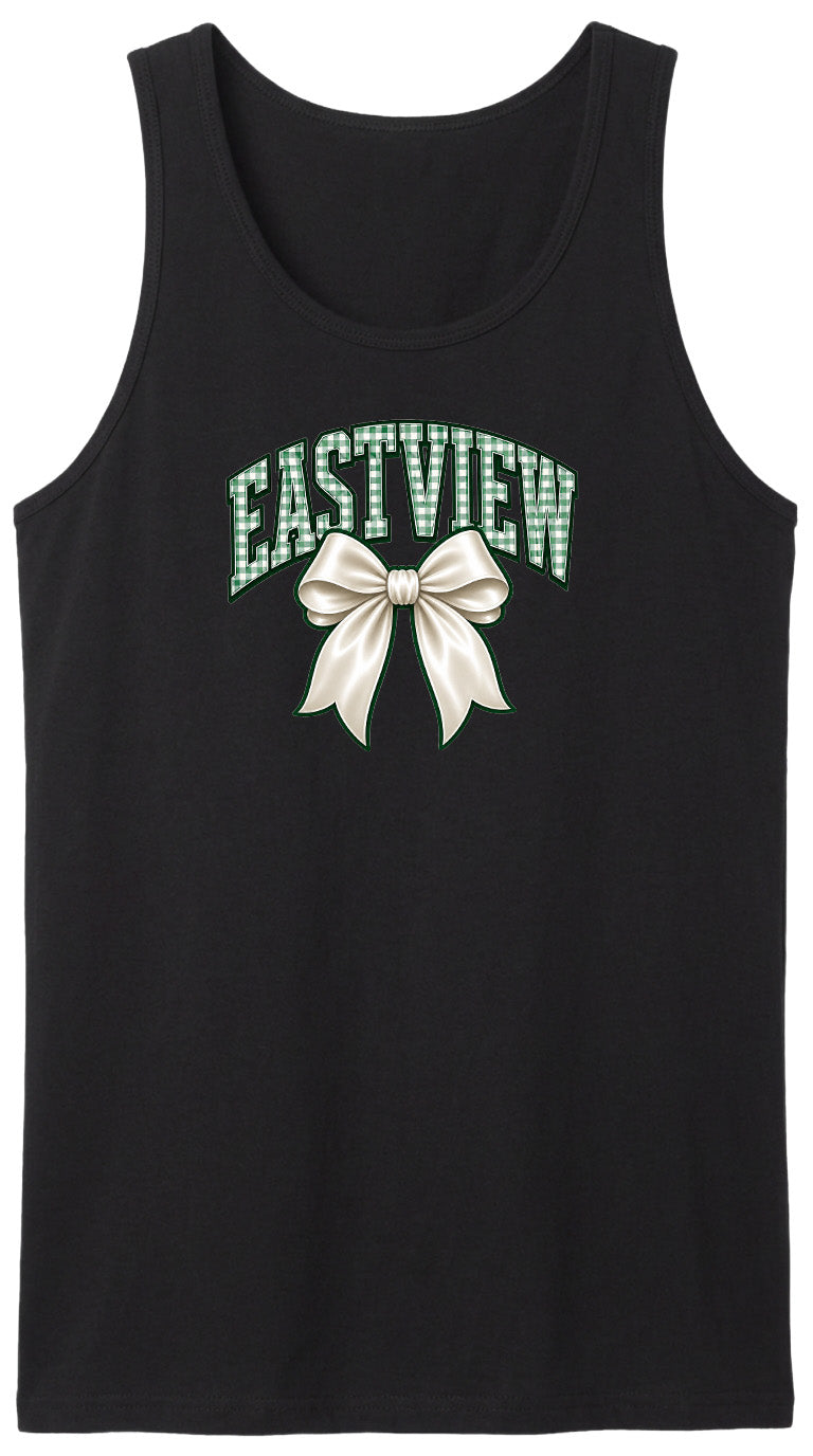 A black tank top with the word "EASTVIEW" and a bow graphic printed on it.
