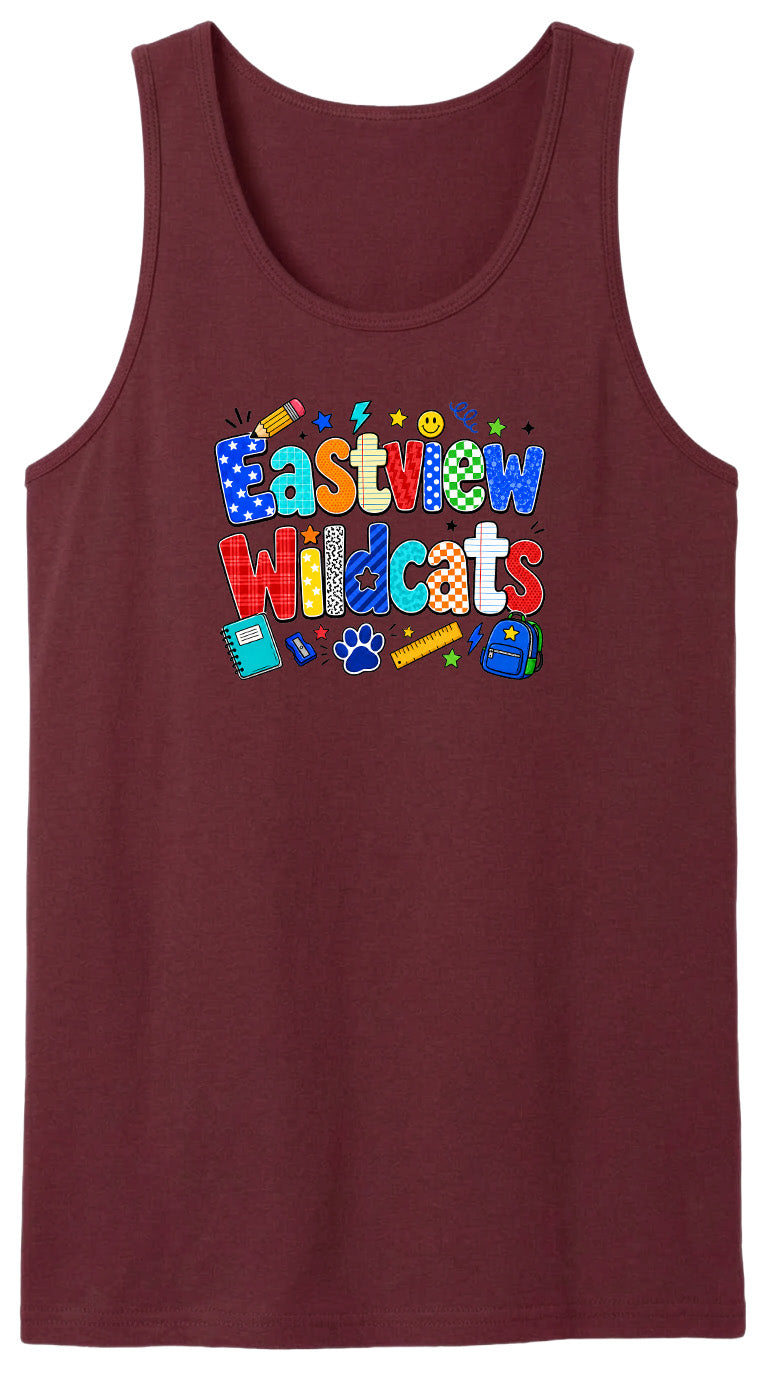 A burgundy tank top with the text "Eastview Wildcats" printed on it.