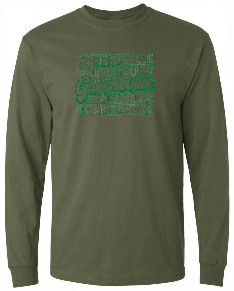 A long-sleeved olive green t-shirt with the text "Greenville" printed in a stylized font across the front.