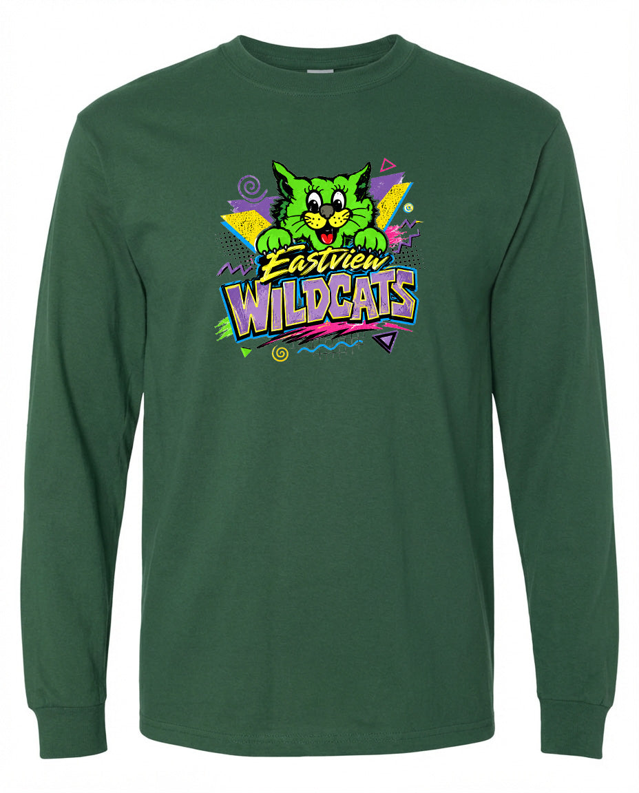 A long-sleeved green t-shirt with a colorful graphic design featuring a cartoon cat and the text "Eastview Wildcats".