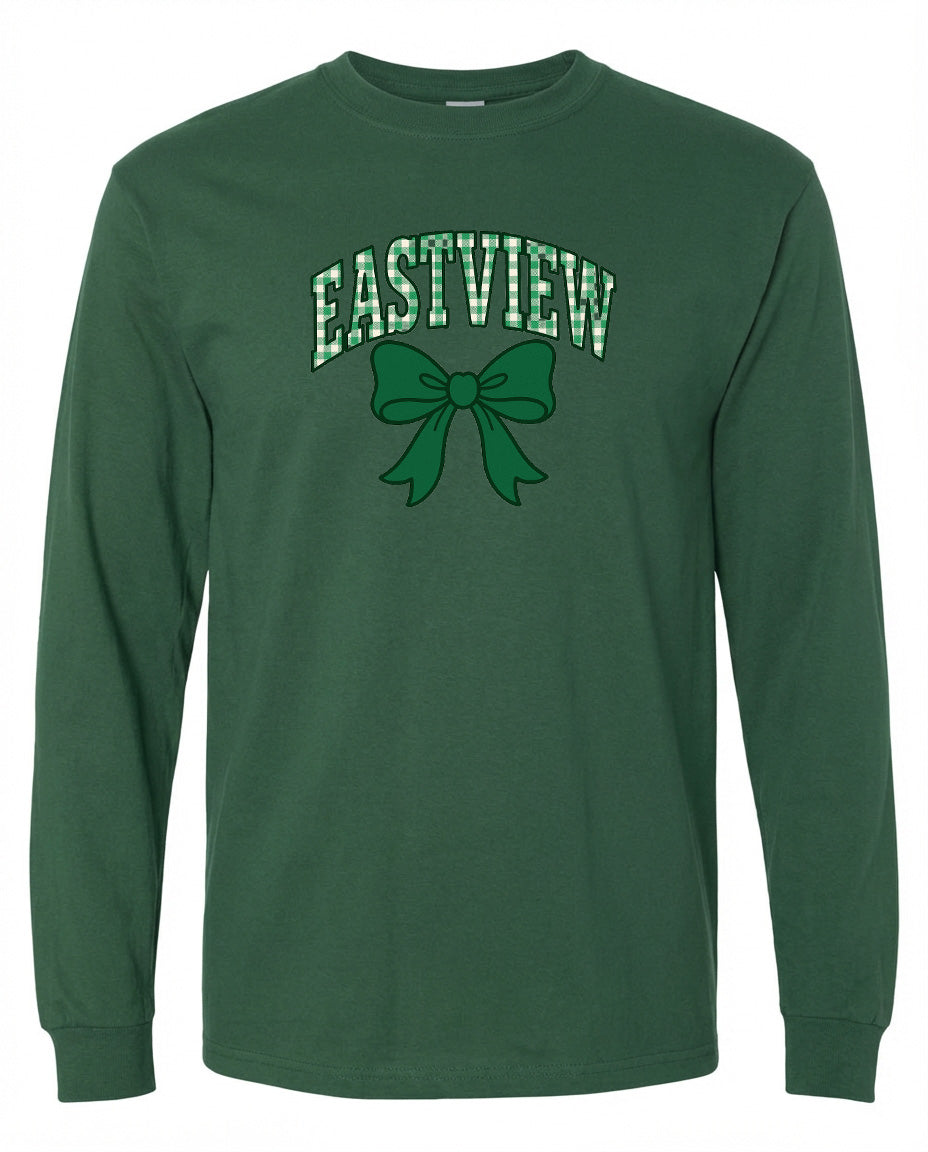 A long-sleeved green t-shirt with a graphic design featuring a green bow and the text "EASTVIEW" printed on it.