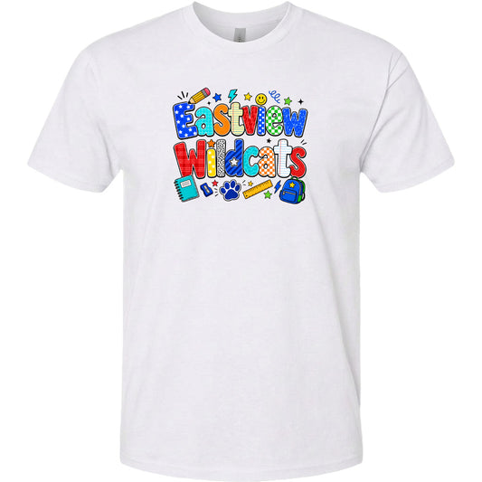 A white t-shirt with a colorful graphic design featuring the text "EASTVIEW WILDCATS" surrounded by various school-related icons and objects.