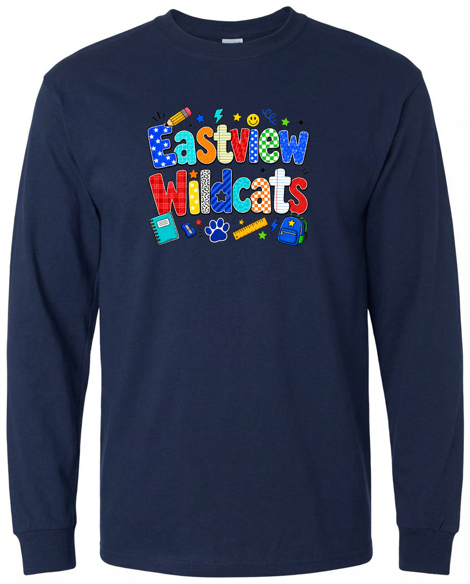 A navy blue long-sleeved shirt with a colorful graphic design featuring the text "Eastview Wildcats" and various school-related icons such as a backpack, pencil, and book.