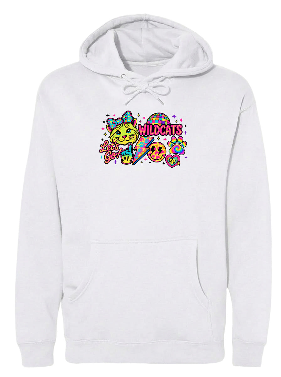 A white hoodie with a colorful graphic design featuring a cartoon character, a cat, and various other elements.