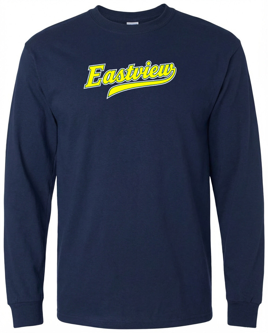 A navy blue long-sleeved shirt with the word "Eastview" printed in yellow on the front.