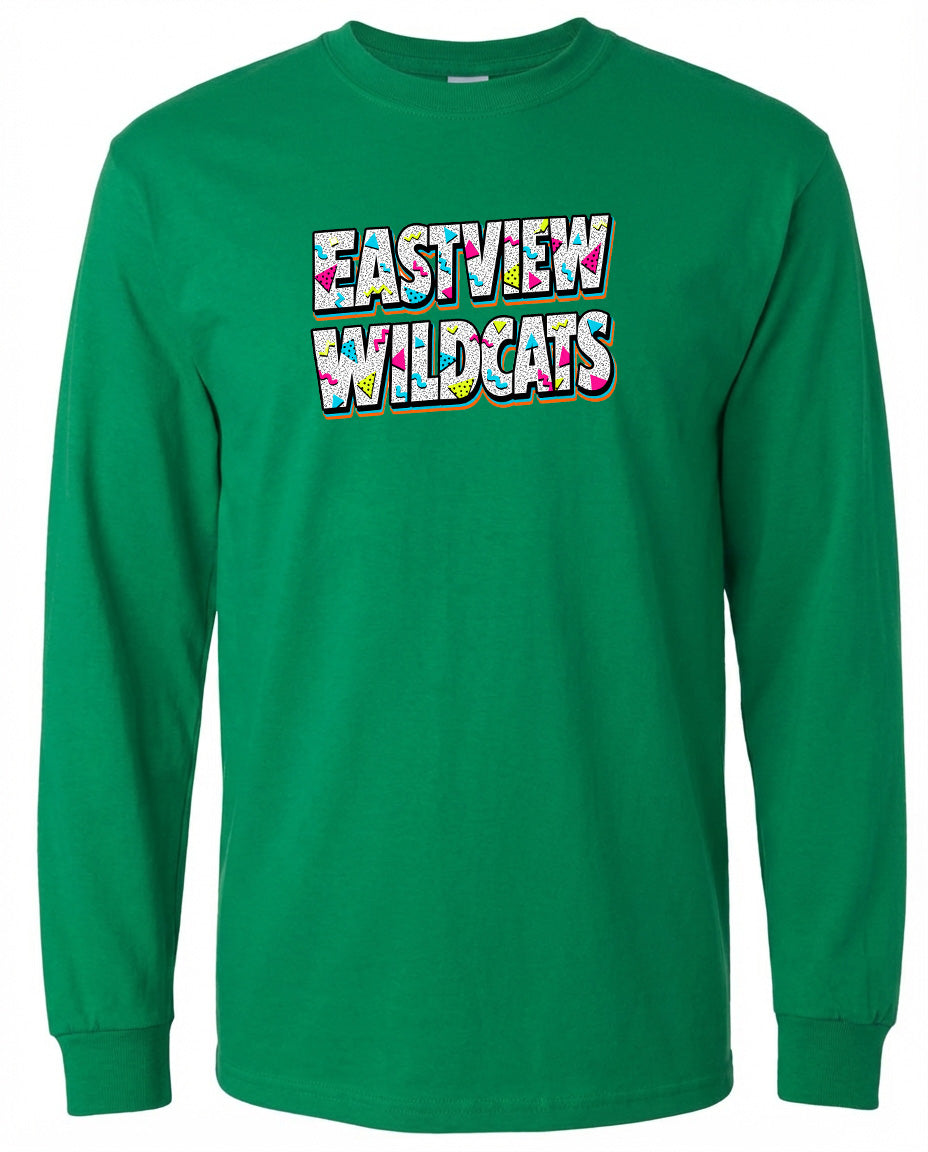 A bright green long-sleeved shirt with the text "EASTVIEW WILDCATS" printed on it.