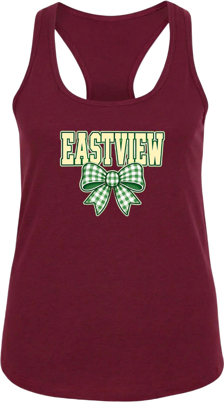 A burgundy tank top with the word "EASTVIEW" and a green bow printed on it.
