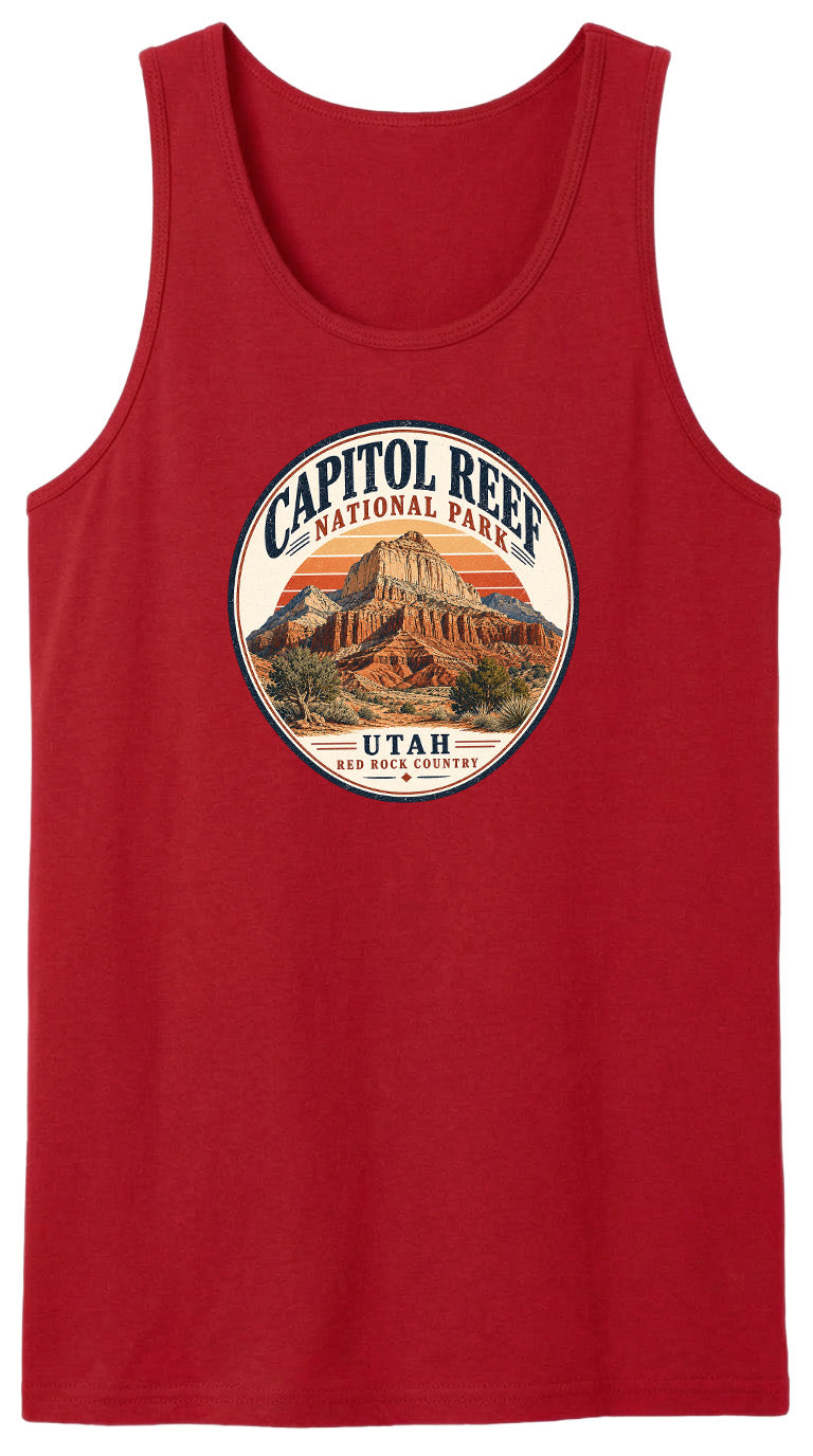 A red tank top with a circular design featuring the Capitol Reef National Park in Utah.