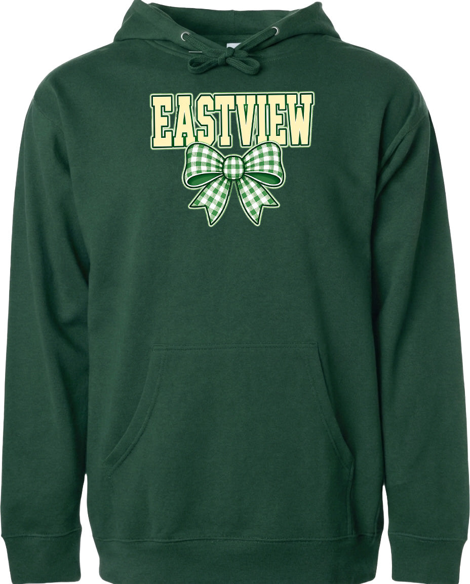 A dark green hoodie with a white and green bow on the front.