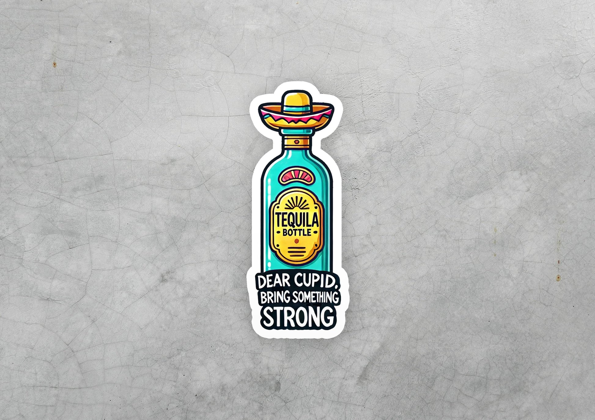 a sticker of a bottle with a sombrero on it