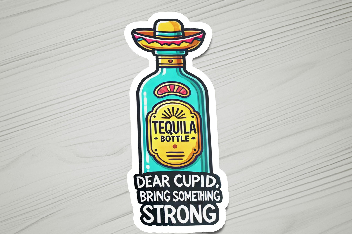 a sticker of a bottle with a sombrero on it