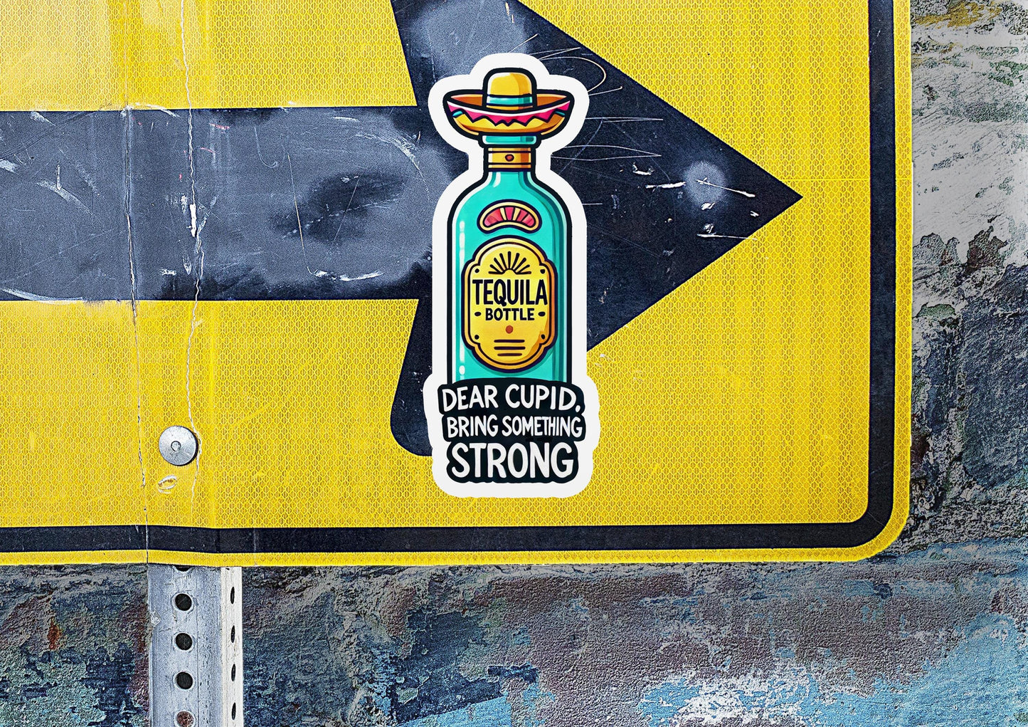 a sticker on a yellow and black street sign
