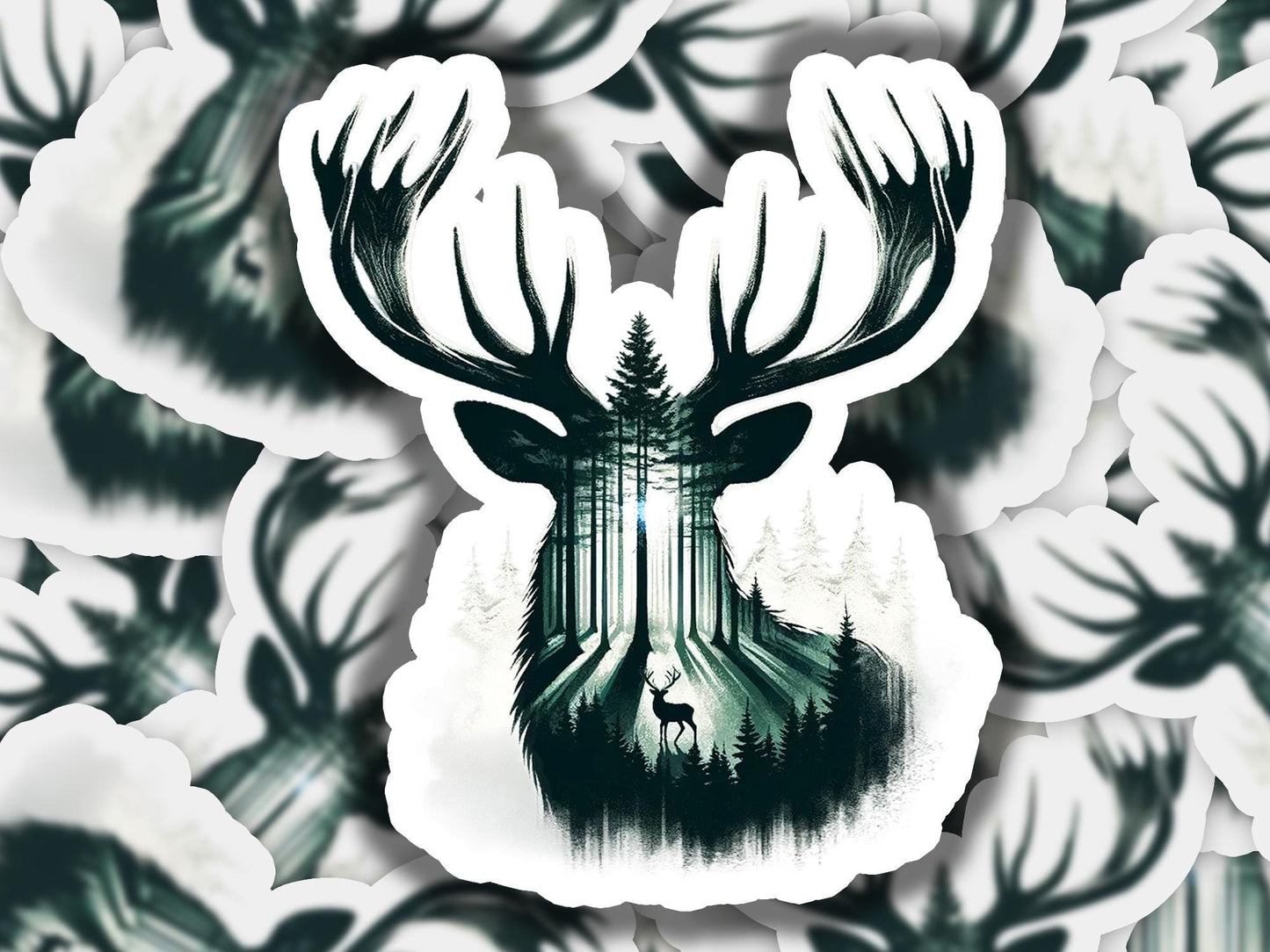 a picture of a deer with a forest scene in the background