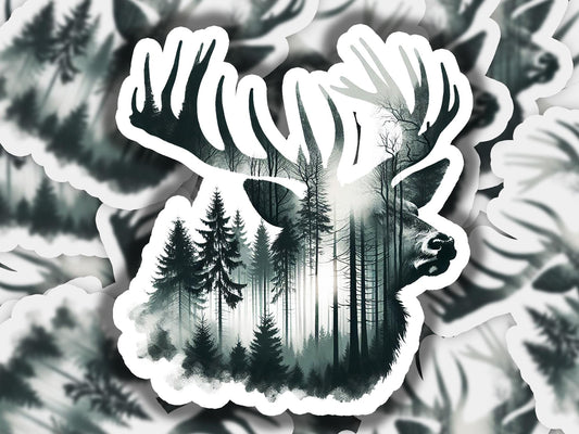 a sticker of a deer with trees in the background