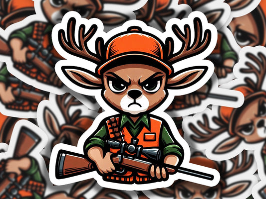 a sticker of a deer hunter holding a rifle