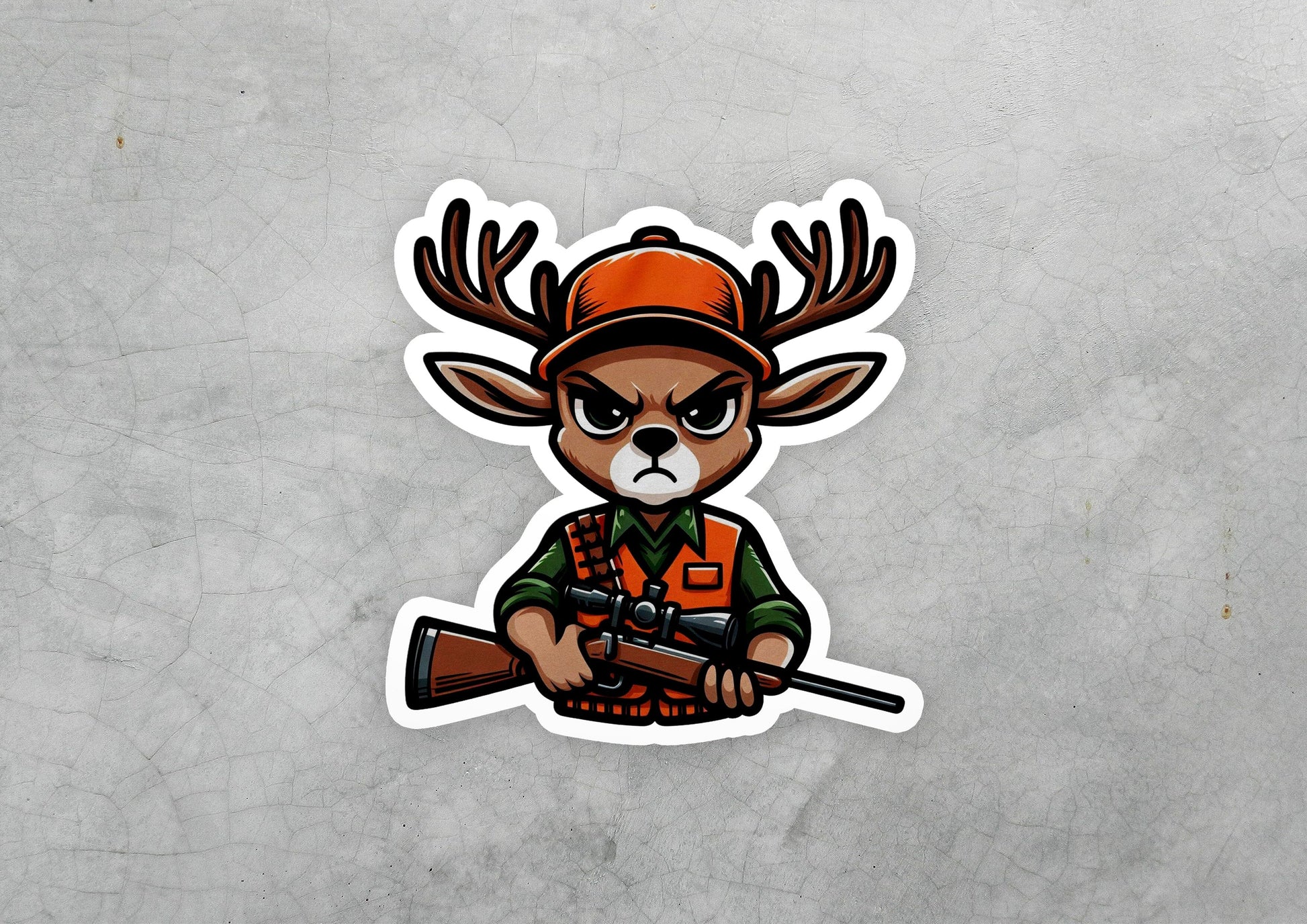 a sticker of a deer hunter with a rifle