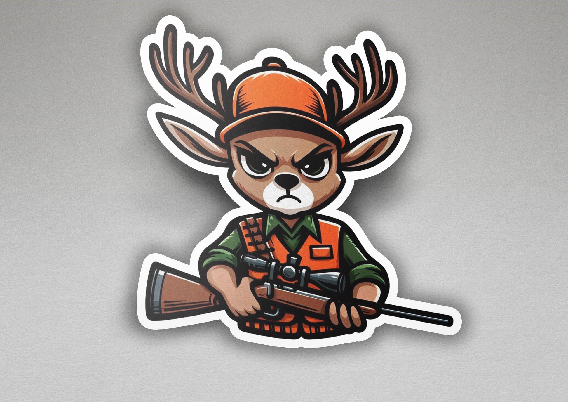 a sticker of a deer hunter with a rifle