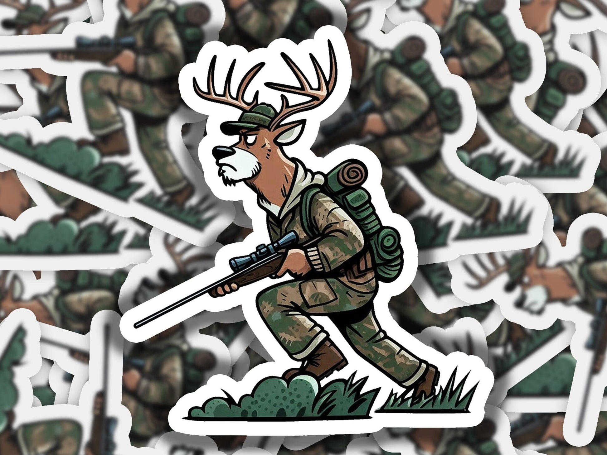 a sticker of a deer hunter with a rifle