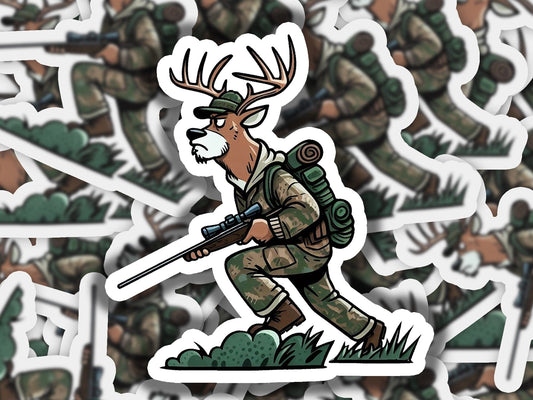 a sticker of a deer hunter with a rifle