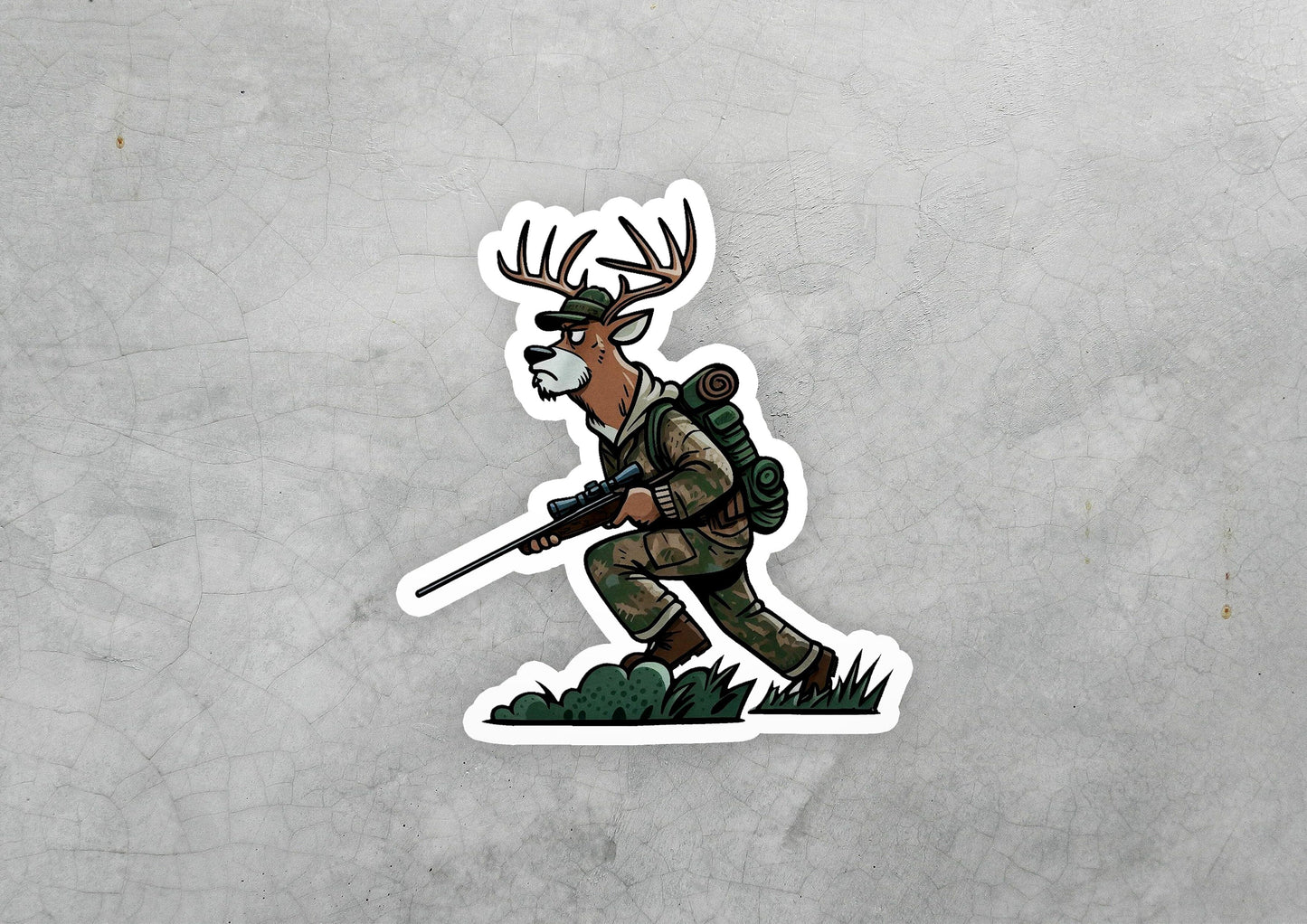 a sticker of a deer hunter with a rifle