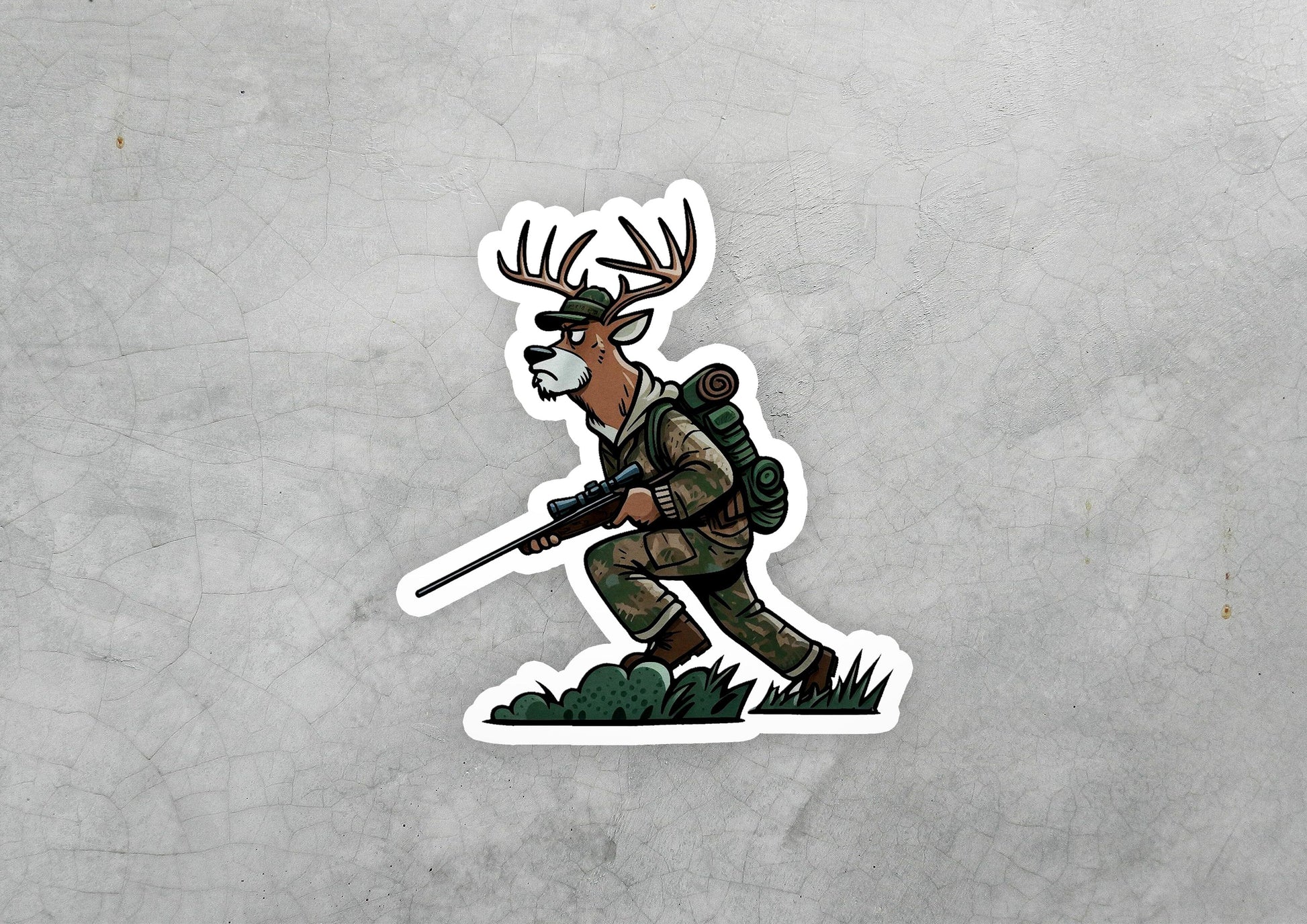 a sticker of a deer hunter with a rifle