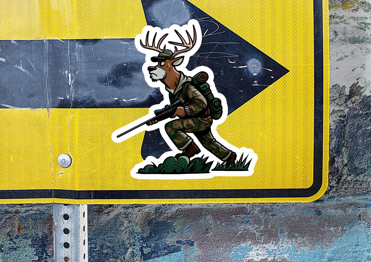 a sticker of a deer hunter holding a rifle