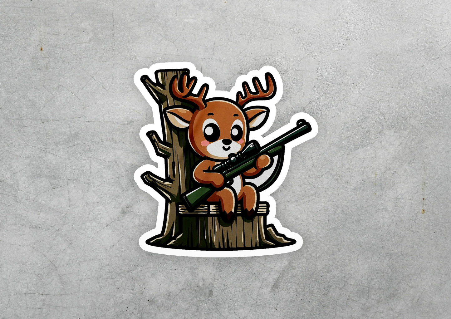 a sticker of a deer holding a rifle