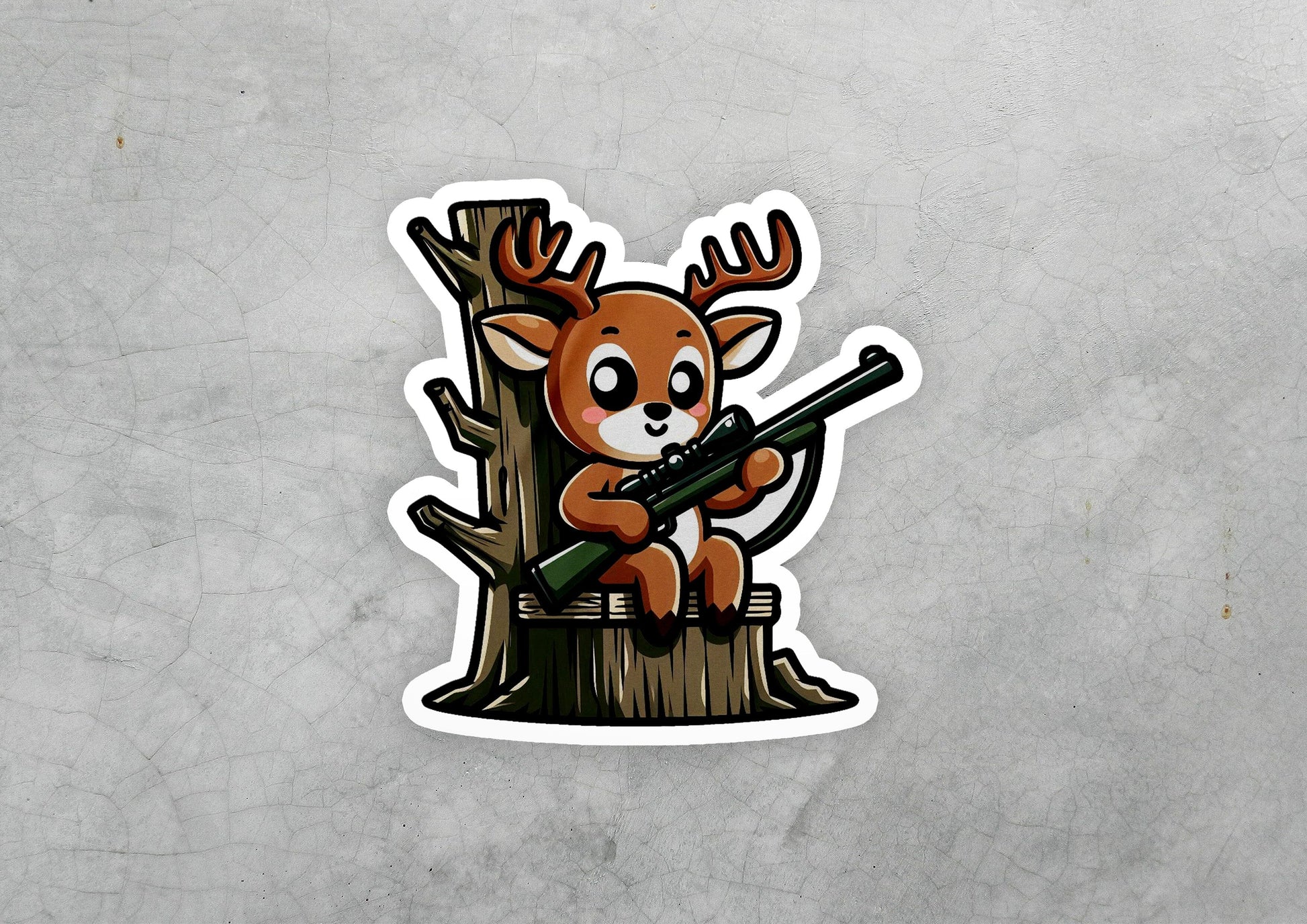 a sticker of a deer holding a rifle